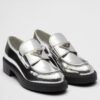 Prada Women's Loafers In Silver Metallic Leather