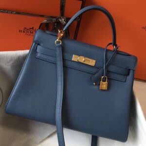 Hermes Kelly 32cm Retourne Bag In Blue Agate Clemence Leather