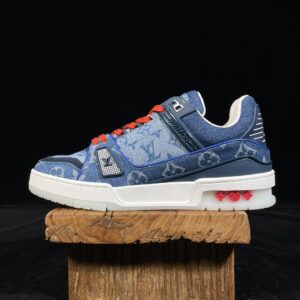 Louis Vuitton Trainer China Exclusive Denim Blue and Red Low-Top Casual Shoes, Skate Shoes for Men and Women 1A8TSK