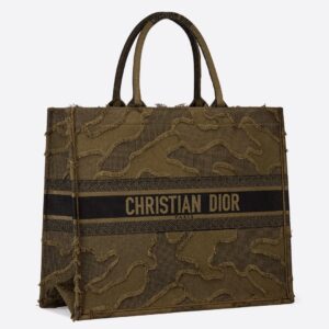 Dior Book Tote Bag In Green Camouflage Embroidered Canvas
