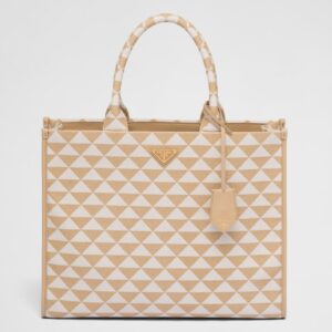 Prada Symbole Large Bag in Beige and White Jacquard Fabric