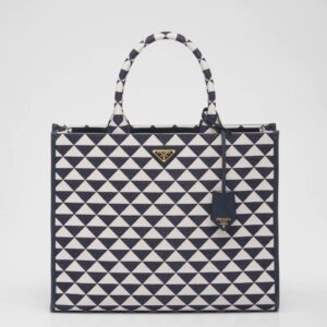 Prada Symbole Large Bag In White/Blue Jjacquard Fabric