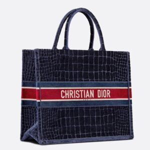 Dior Book Tote In Blue Crocodile-Effect Embroidered Velvet